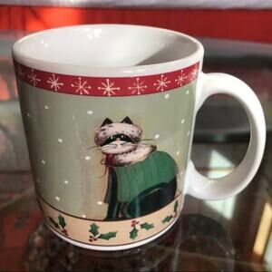 Oneida Fiddlestix Holiday Cat in Green Sweater Christmas Mug‎